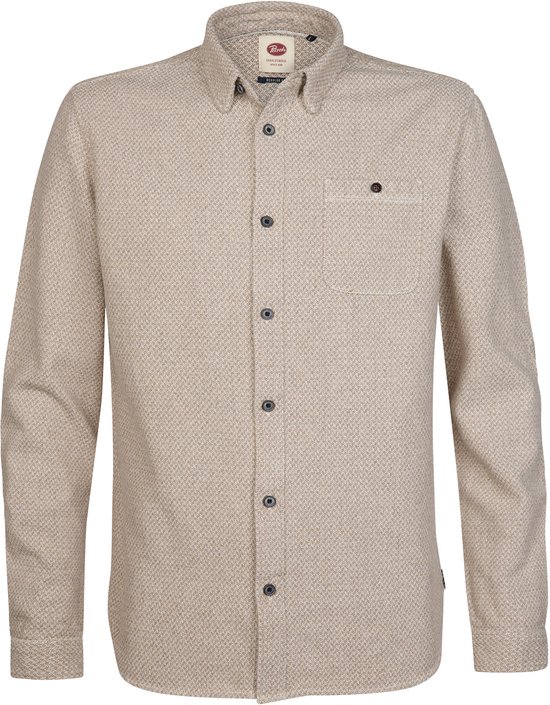 Bruin overhemd met een subtiel all-over patroon, knopen, borstzak en kraag.