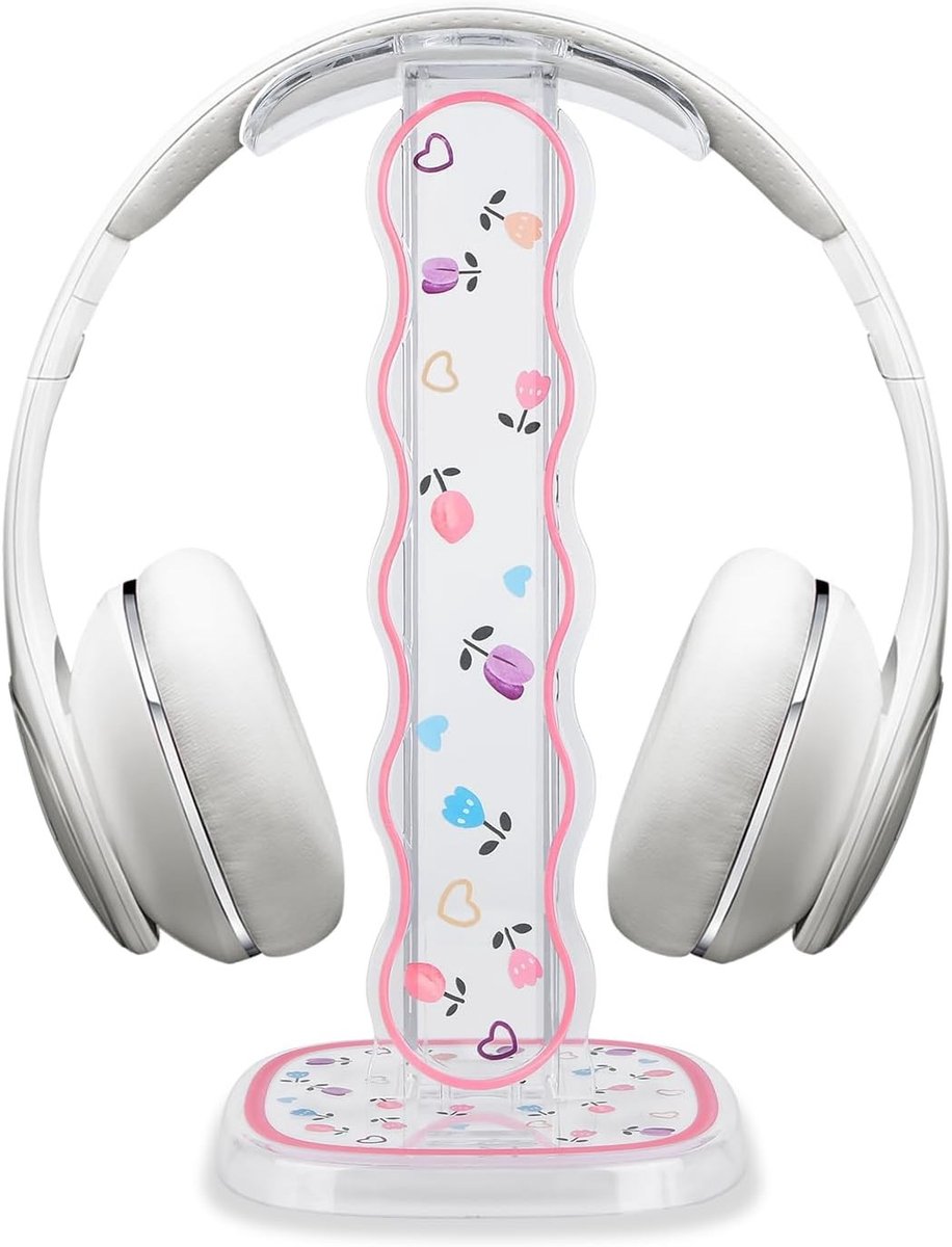 Hoofdbandstandaard met stevige basis, afneembaar en draagbaar, schattig tulpdesign voor vrouwen, transparante acryl houder voor hoofdtelefoons, perfect voor desk en gaming.