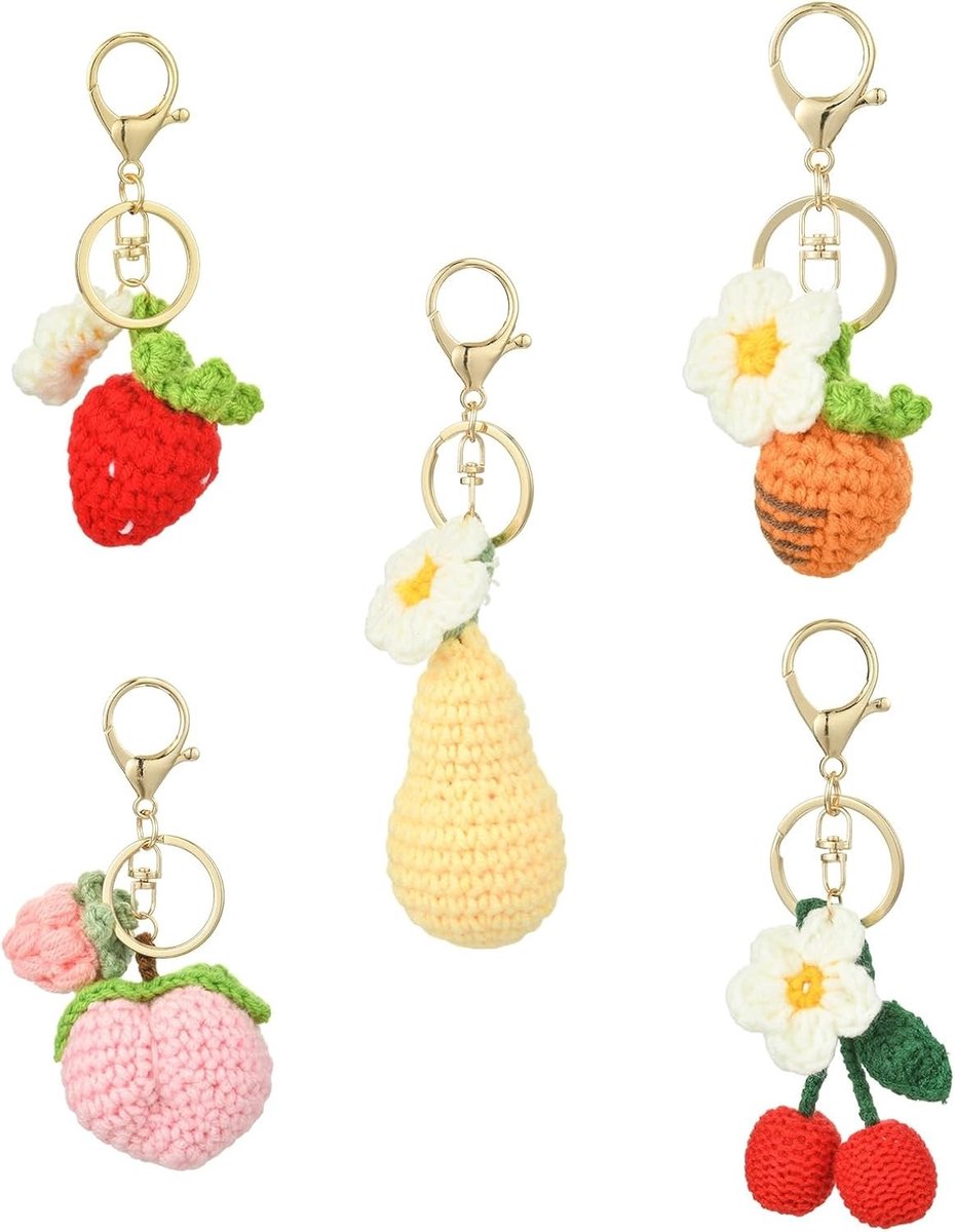 Vijf Stuks Geweven Fruit Sleutelhangers met Kers en Aardbei - Leuke Tasversieringen voor Kleding en Creatieve Projecten, 110~145x45~60mm