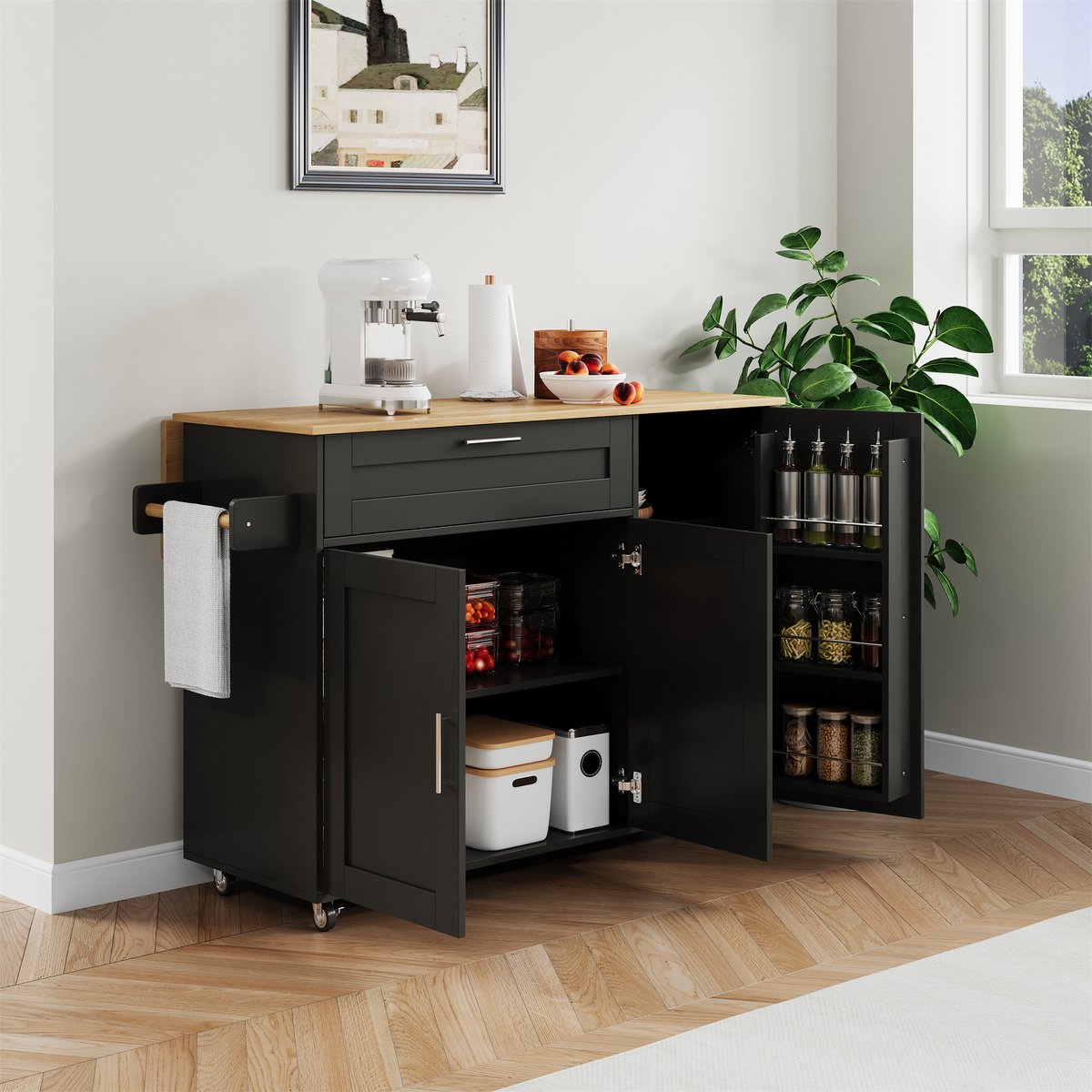 COVREO Keukenkast 132,5 x 44/70 x 90 cm - mobiel, klapbaar werkblad, zwart naturel