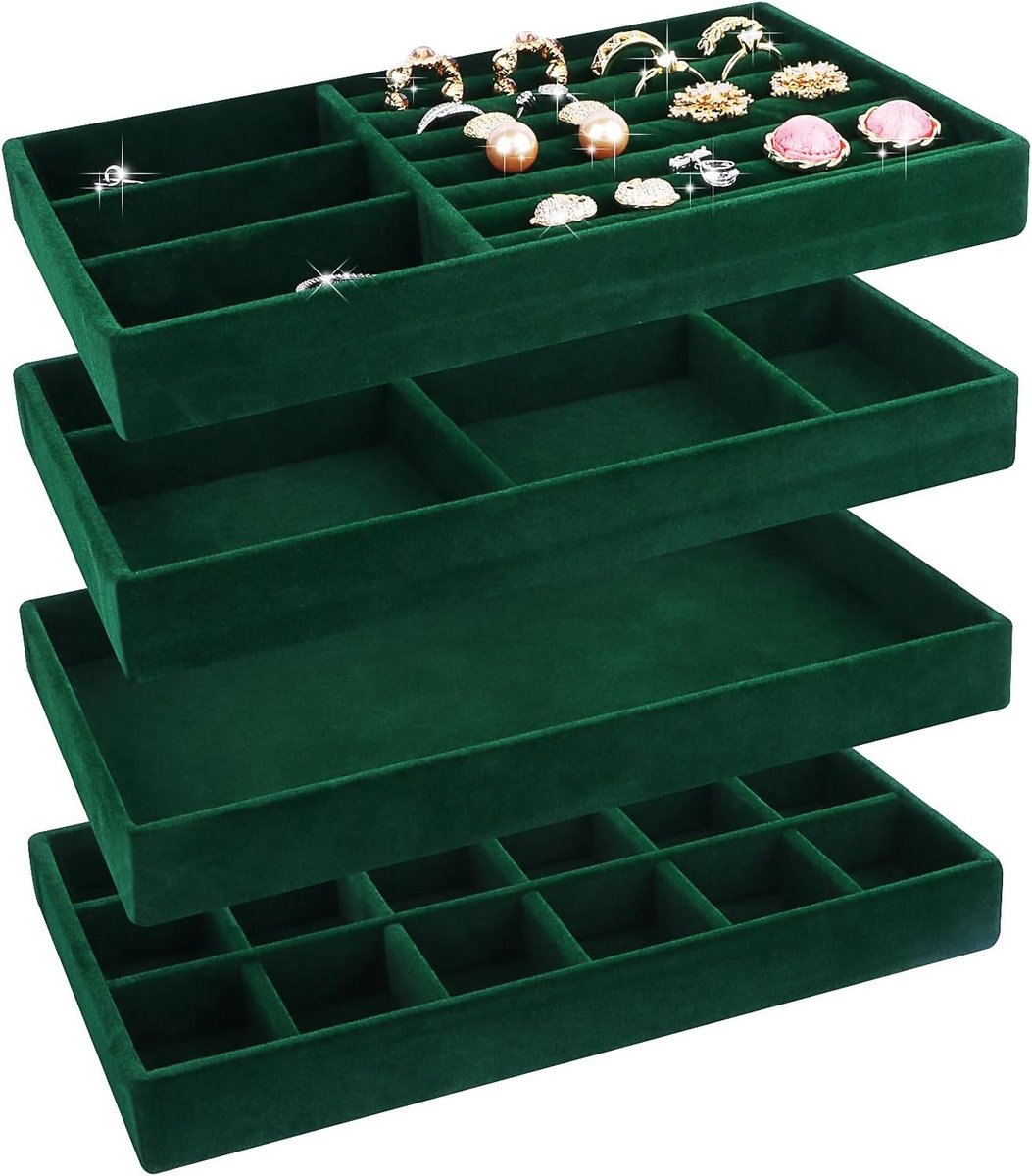 Sieradenopbergdoos met Lades en Organizers voor Oorbellen, Armbanden en Ringen - 4 Stuks (Groen)