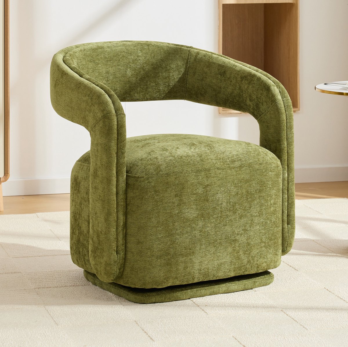 OKWISH Fauteuil 70 x 65,5 x 74 cm - 360 Graden Draaibaar Barrel Design - Voor Woonkamer Of Leeshoek - Chenille - Groen