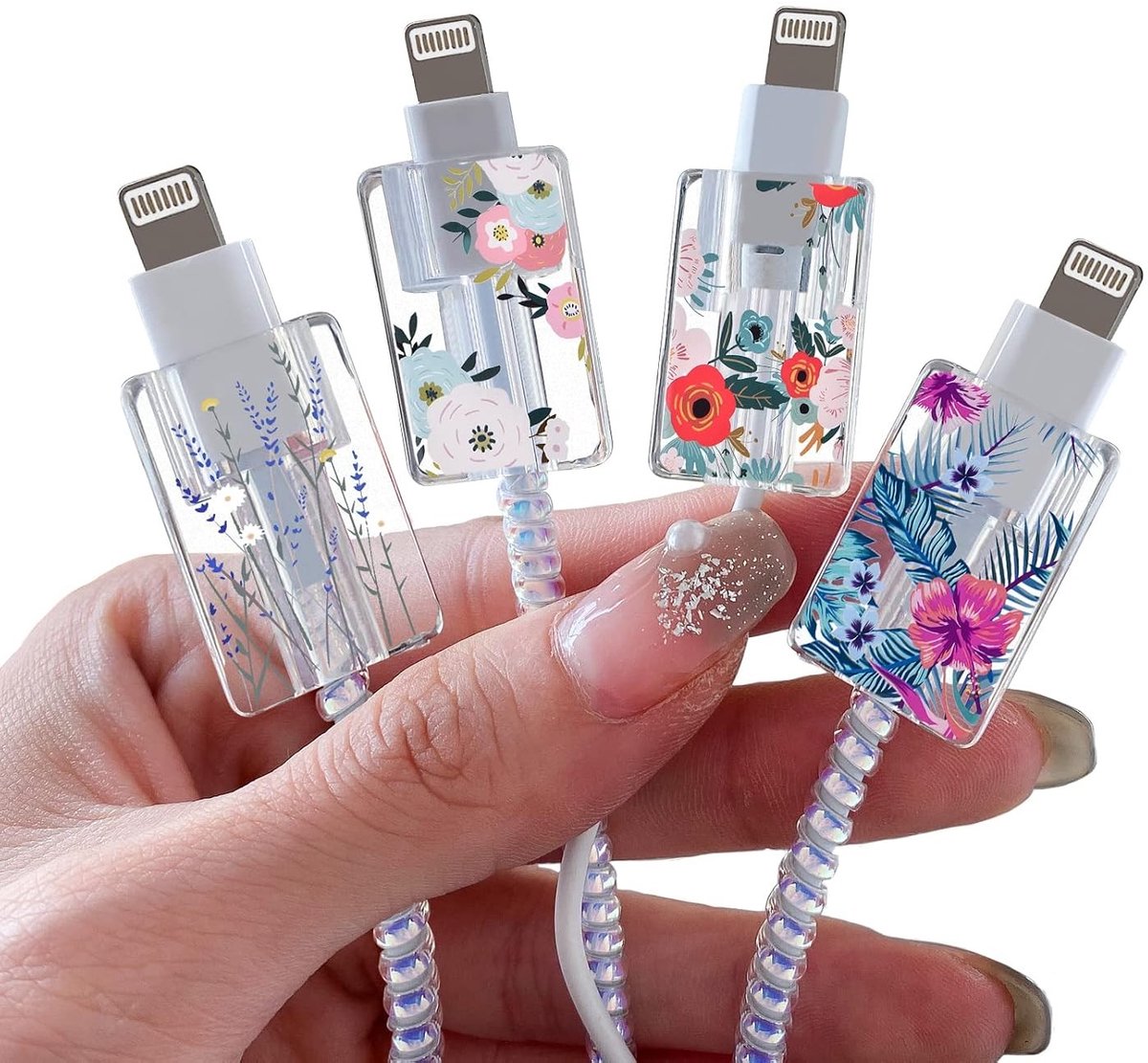 4 Stuks Kabelbescherming tegen Breken, Schattige USB Type-C Bescherming met Rozenpatroon voor Vrouwen, Data Kabelbeschermer, Anti-Bijt Accessoires, Duurzame Kabelgland Beschermers
