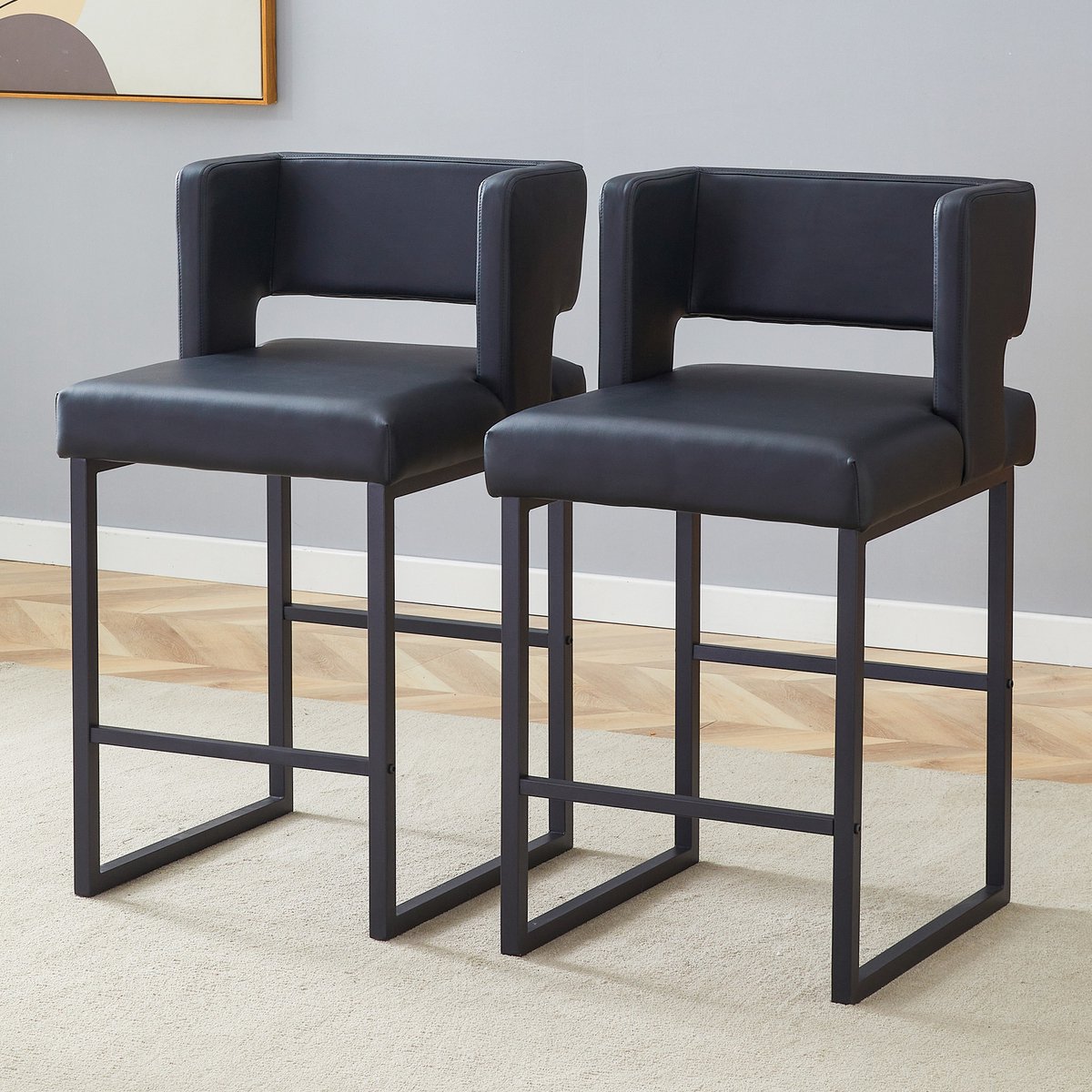 DESMIU Barkruk 91,4 Cm - Set Van 2 Met Rugleuning En Gewatteerde Zitting - Voor Bartafel En Keukeneiland - Kunstleer Metaal Zwart