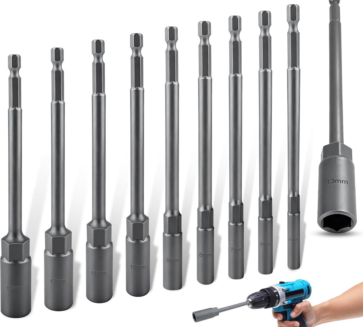 Set van 9 Stuks Steeksleutels met Extra Lange 150mm Hex Socket Adapters voor Diverse Maten en Accu Schroefmachine
