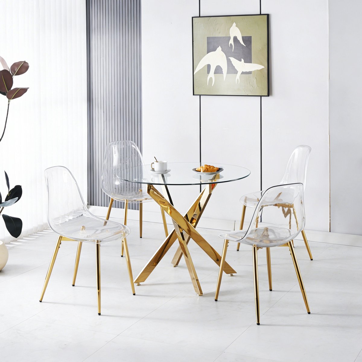 DESMIU Tafel En Stoelen Set 5-Delig - 1 Tafel En 4 Stoelen Met Hoge Rugleuning En Vergulde Metalen Poten - Voor Eetkamer En Kaptafel - Metaal Goud