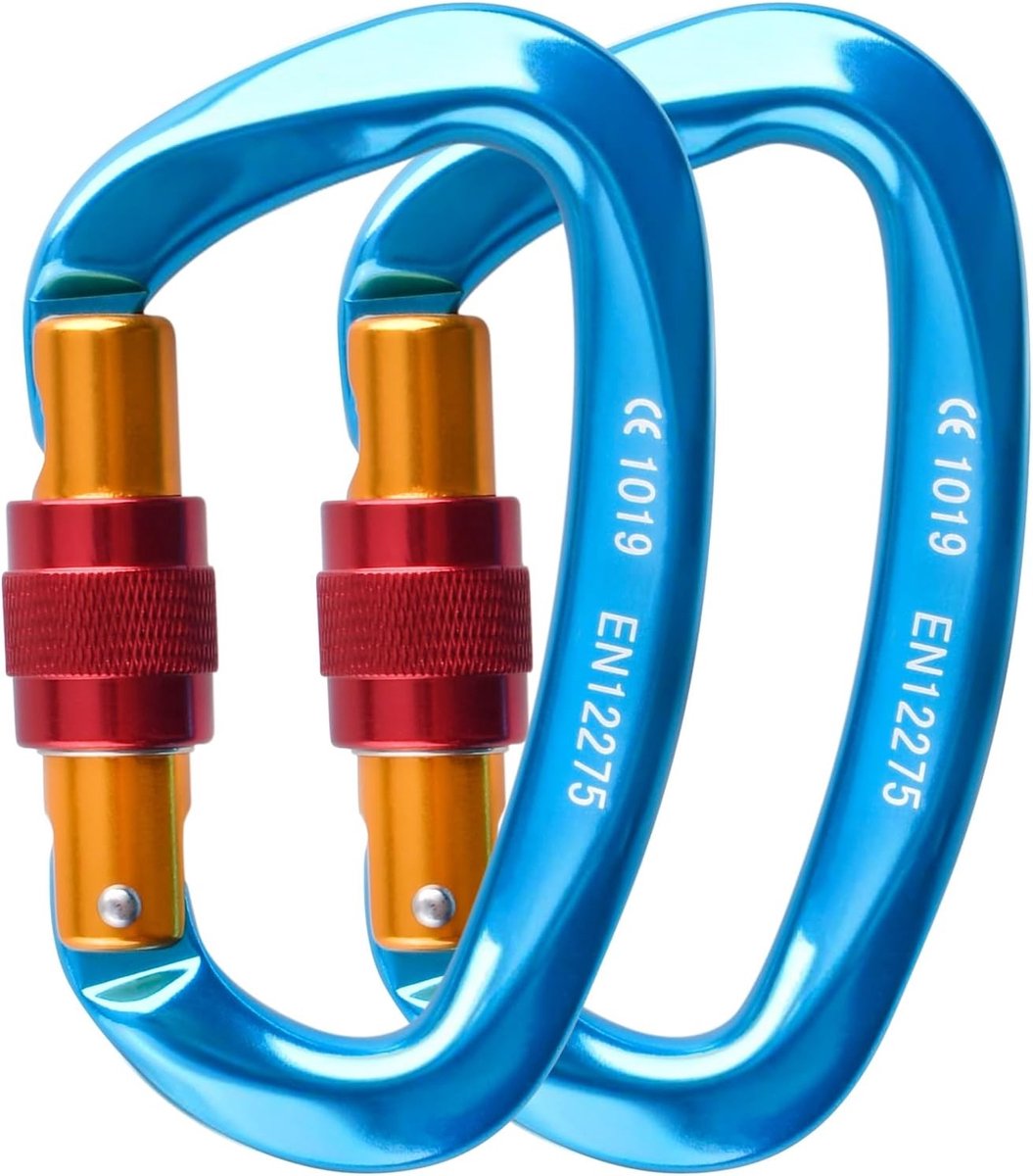 Klimcarabiners 25KN - Set van 2 Vergrendelbare Carabiners voor Camping en Hangmatten, Duurzaam en Lichtgewicht