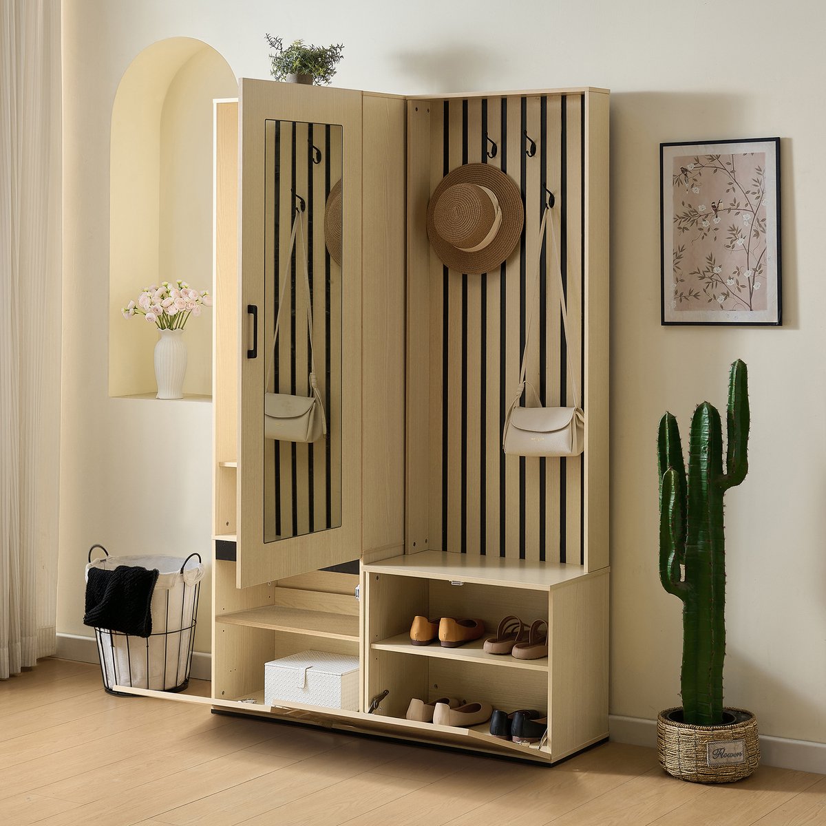 OKWISH Halmeubel - Garderobekast Met Spiegel En Zitbank - 61 x 45 x 179,5 cm - 4 Haken En Schoenopberging - MDF Houtkleur