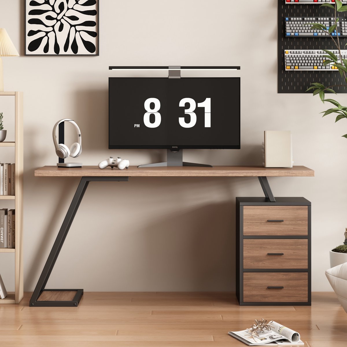 OKWISH Bureau - Industrieel Schrijftafel Met 3 Lades En Computerkasthouder - 138,5 x 58 x 75 cm - Opbergruimte - MDF Donkerbruin