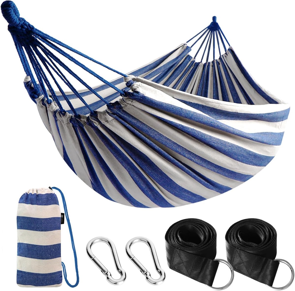 Katoenen Hangmat met Boomvriendelijke Ophangbanden – Inclusief Draagtas – Tot 300 kg – Blauw/Wit