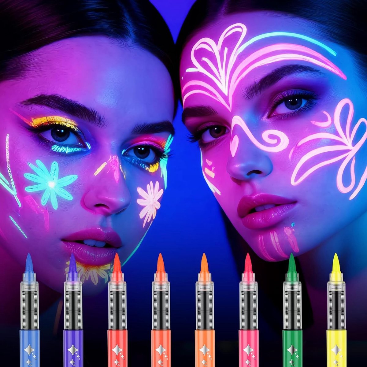 8 Kleuren UV Blacklight Pennen voor Halloween en Neon Make-up, Geschikt voor Volwassenen en Kinderen, Neon Gezichtsverf Set voor Feestdecoratie en Festivals