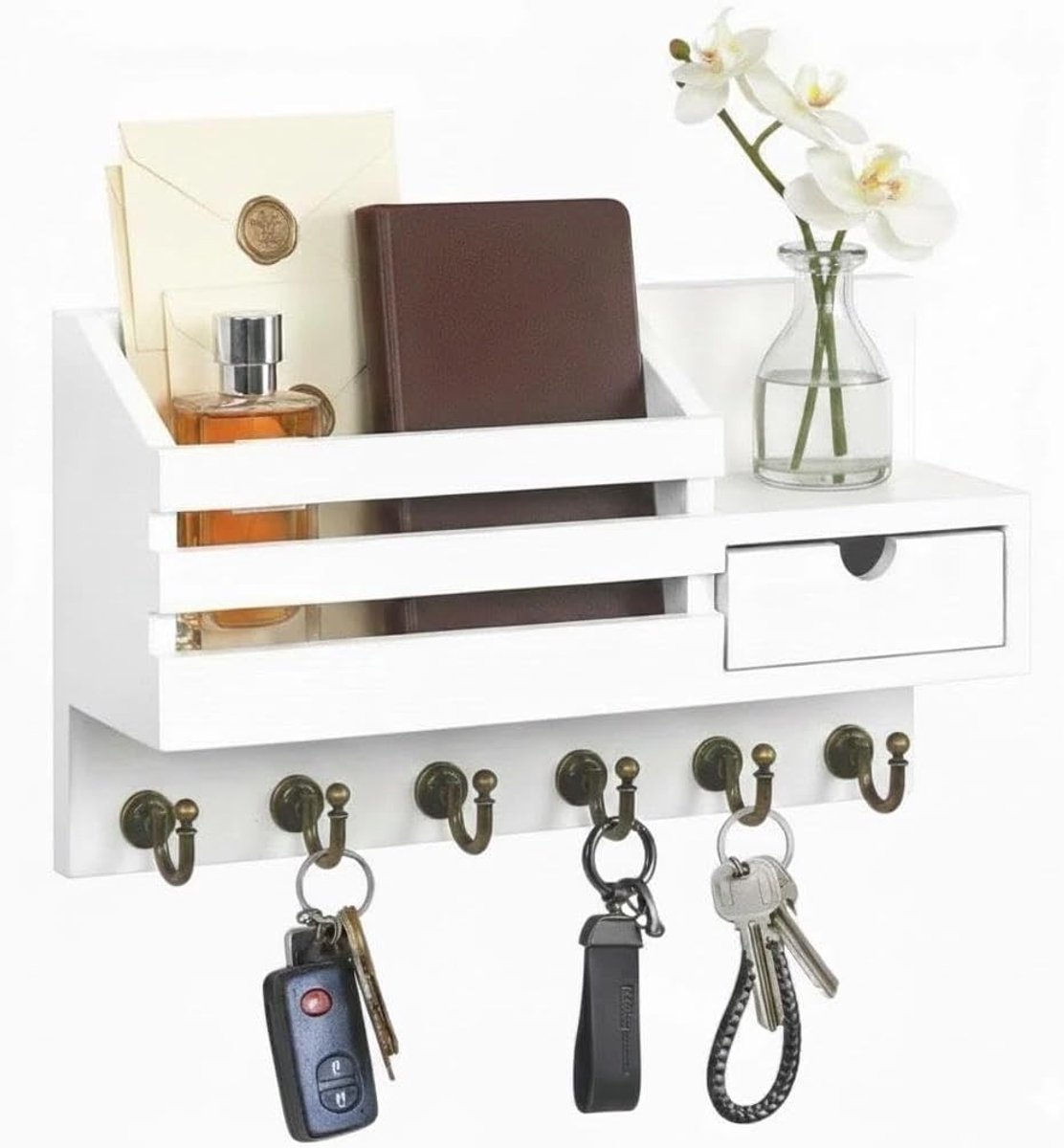 Wandsleutelrek met plank en lade, stijlvolle houten sleutelhouder met 6 haken voor optimale sleutelorganisatie in hal, woonkamer of kantoor, wit en functioneel