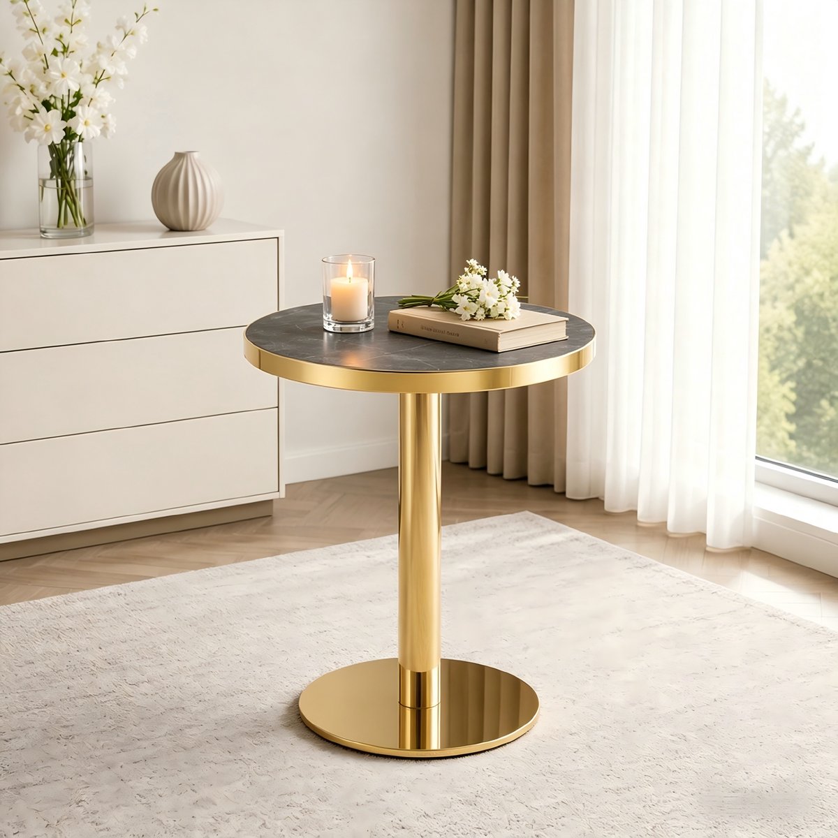 FloraGrace Bijzettafel - Ronde Tafel Met Marmerlook En Gouden Onderstel - Voor Woonkamer Of Slaapkamer - MDF En RVS - 60x60x74 Cm - Grijs Goud