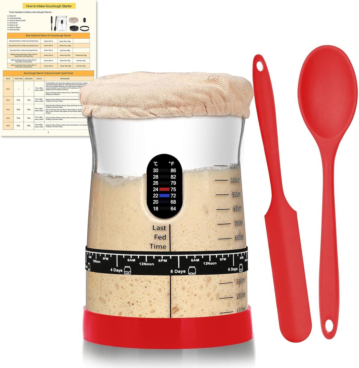 Zuurdesem Starter Kit - Glazen Pot - Inclusief Thermometer en Verstelbare Band - Compleet met Siliconen Spatel en Lepel - Voor Broodliefhebbers