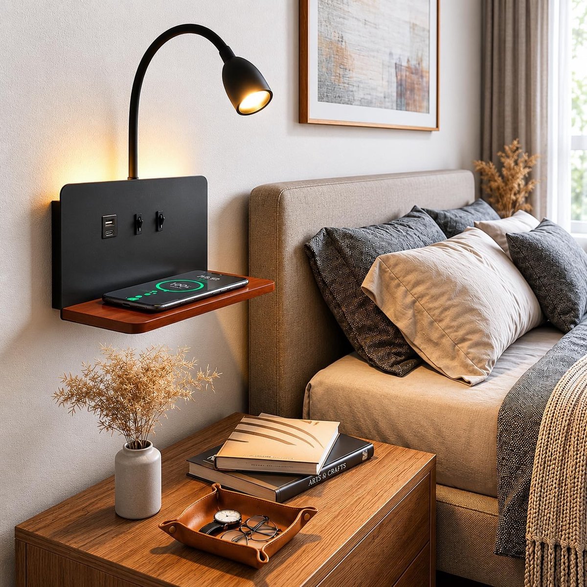 Wandlamp met stekker - Zwart - 15W Draadloze Oplader - Flexibele Zwanenhals - Voor Slaapkamer
