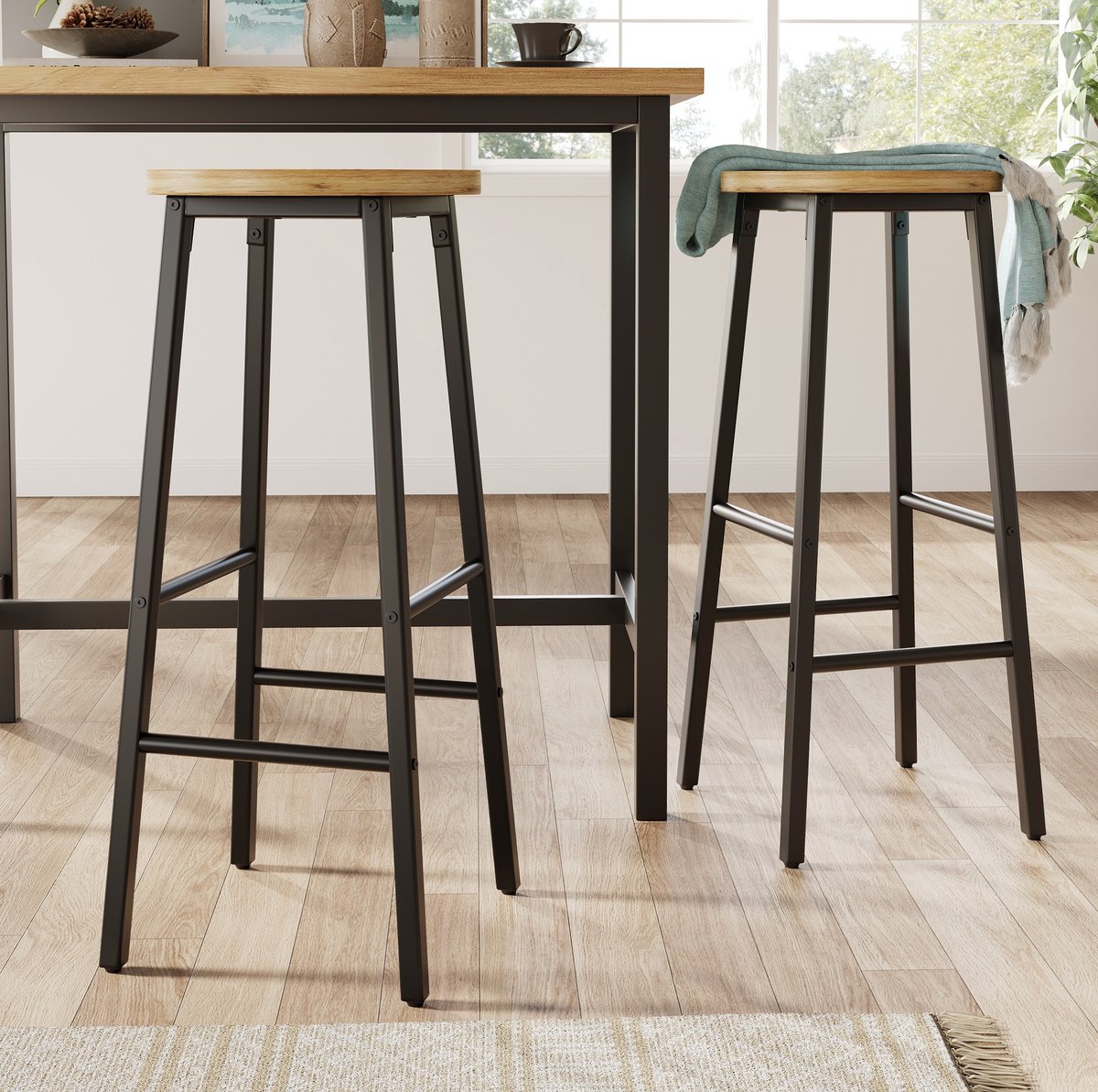 OKWISH Barkruk – Houtlook Zitting 70 Cm – Set Van 2 Met Dubbele Voetsteunen En Verstelbare Voeten – Voor Keukeneiland Of Bar – MDF En Metaal – Zwart