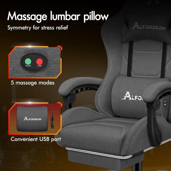 Ergonomische Gaming Chair met Massagefunctie en Verstelbare Rugleuning - Donkergrijs — afbeelding 3