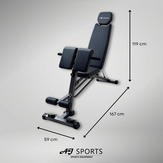 Zwarte verstelbare fitnessbank met afmetingen: 119 cm hoog, 167 cm lang en 59 cm breed.