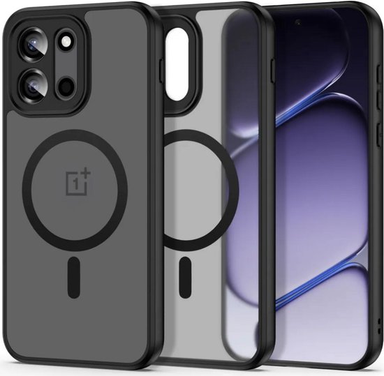 Trois téléphones OnePlus avec des coques Casemania noires mates translucides avec cercle magnétique.