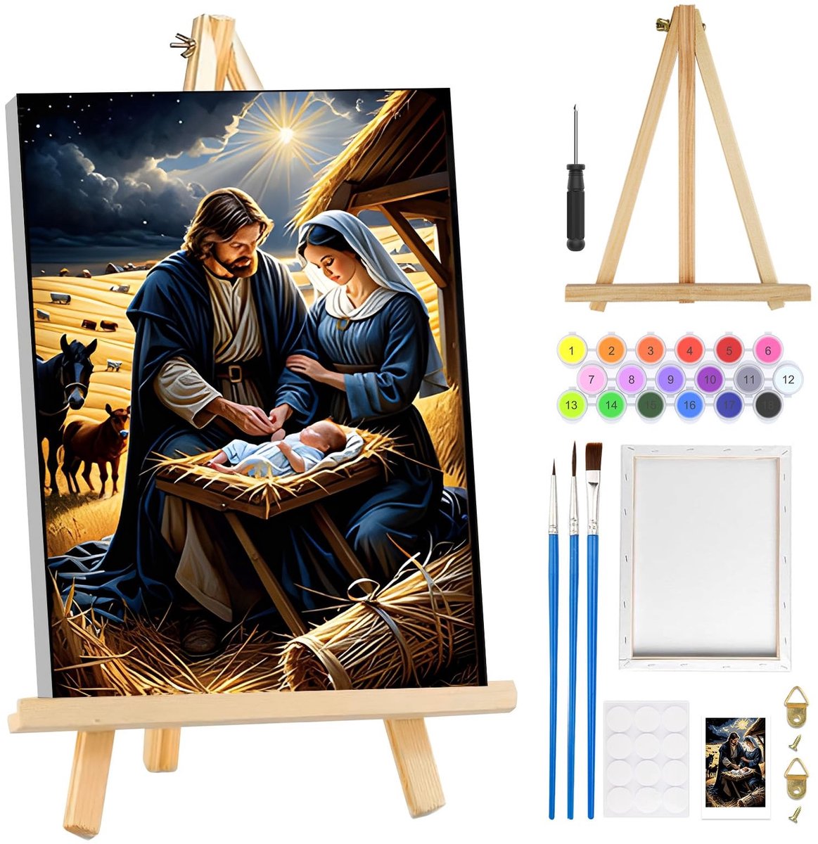 Dailygoods- Schilderen op Nummer voor Beginners - Jezus Schilderen - Creatieve Hobby - Inclusief Houten Ezel - Voor Volwassenen/Kinderen - Voorbedrukt Canvas met Lijst - Doe-het-zelf Schilderen