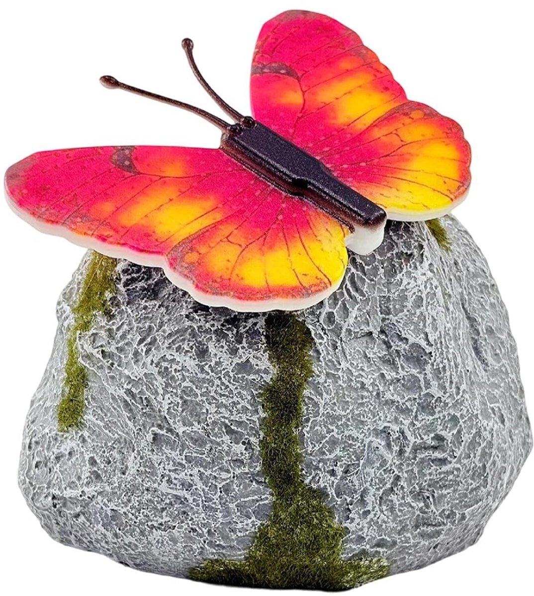 Vlinder Tuinlicht - Verlichte Decoratie - Buiten Verlichten - Natuurlijke Steenlook - 13x12x10 cm - Rood