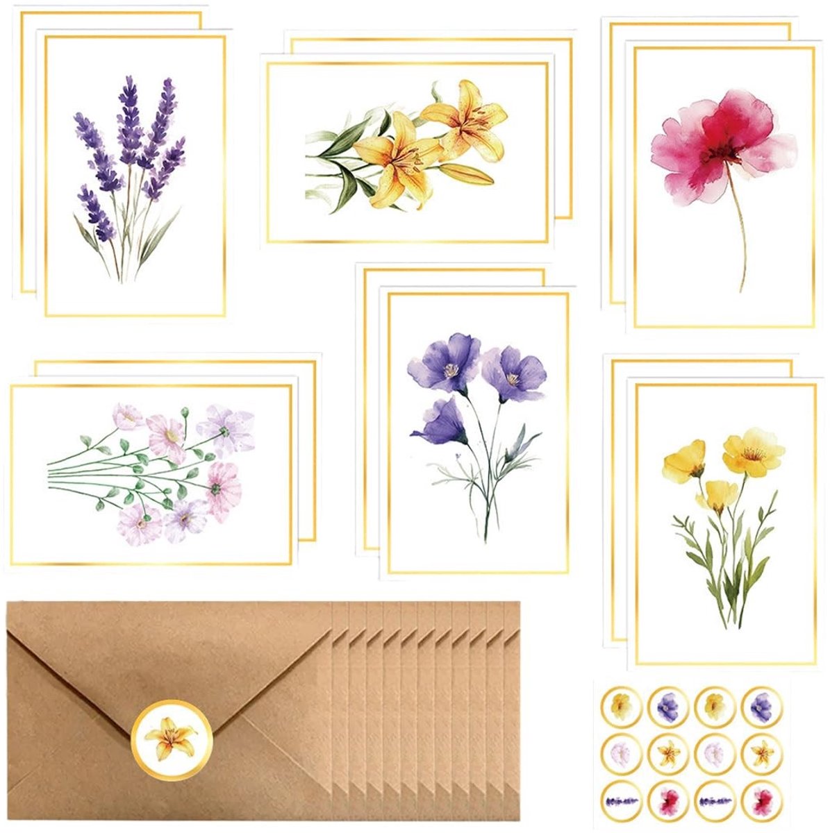 Dailygoods- Verjaardagskaarten set - 12 stuks - bloemen - met enveloppen - grappige kaarten - voor bruiloft/feestdagen - aquarelbloemenpatroon - Wenskaarten