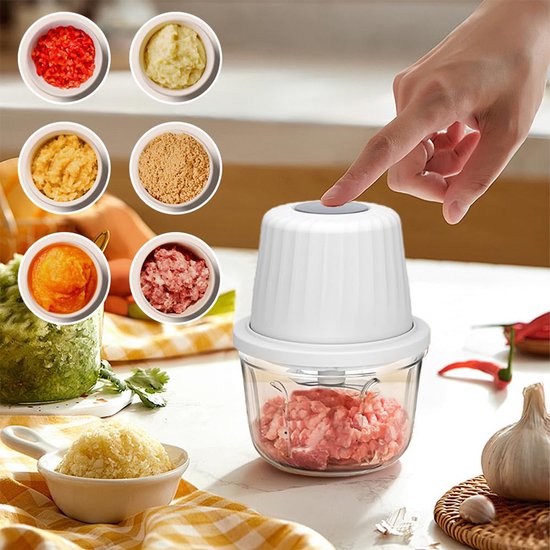 Elektrische hakmolen - Foodprocessor - Multifunctionele keukenmachine - Vaatwasmachinebestendig - Keukenmachine - Geschikt voor het hakken van vlees, het pellen van knoflook en het mixen van ingrediënten - 400 ml - 6 messen - 10,7*10,7*14,9 cm - Wit van Ruijingsky — afbeelding 4