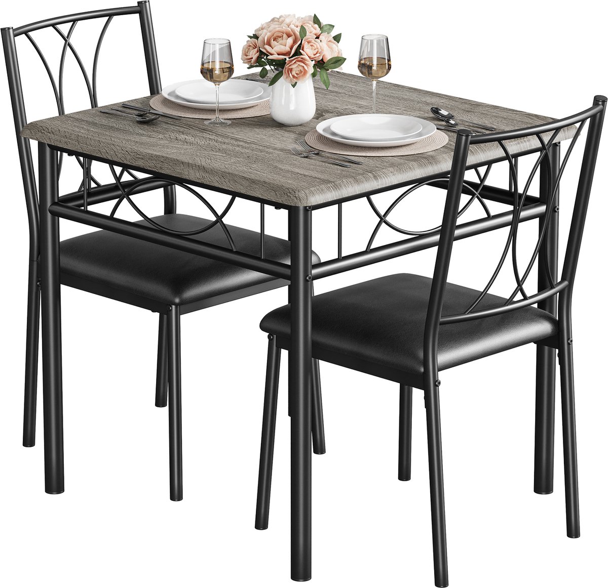 Eettafel Set - 74x74x76cm - Vierkante Tafel met 2 MDF-Stoelen - Voor 2 Personen - Geschikt voor Woonkamer Eetkamer of Appartement - Grijs