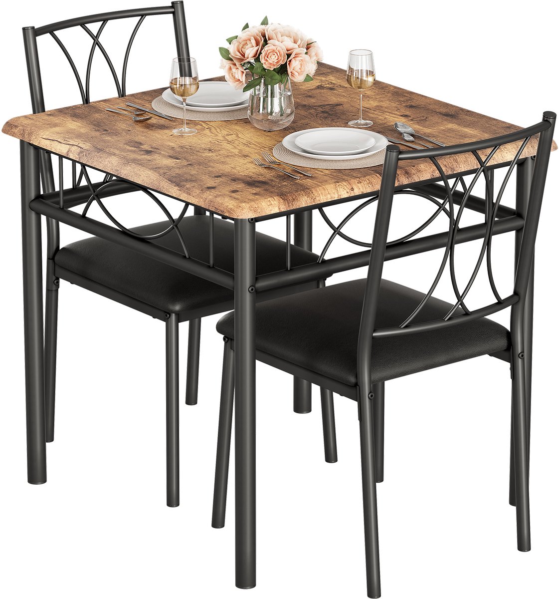 Eettafel Set - 74x74x76cm - Vierkante Tafel met 2 MDF-Stoelen - Voor 2 Personen - Geschikt voor Woonkamer Eetkamer of Appartement - Bruin + Zwart