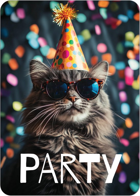 Un chat gris portant des lunettes de soleil et un chapeau de fête, confettis en arrière-plan. Texte "PARTY".