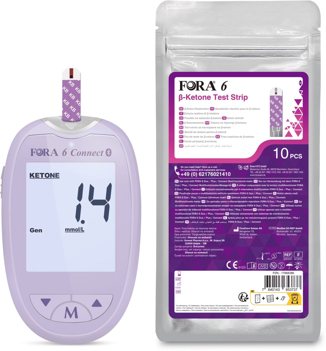 FORA 6 Connect Ketonen Meter (Multi-parameter) (purple meter) - Inclusief Ketose Strips/ Ketonen Strips - Keto Meter - Ketonen Meter Bloed
