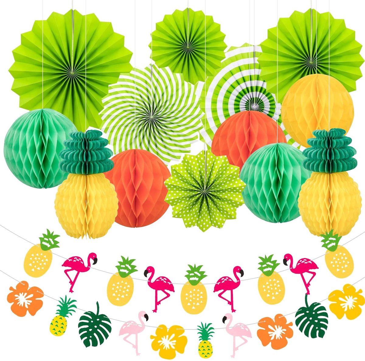 Dailygoods- Feestdecoratieset - Hawaii-thema - 6 Groene Papieren Waaiers - 5 Honingraatballen - 2 Ananashoningraatjes - 2 Flamingo Ananas Vilten Banners - Premium Kwaliteit - Feestdecoratie