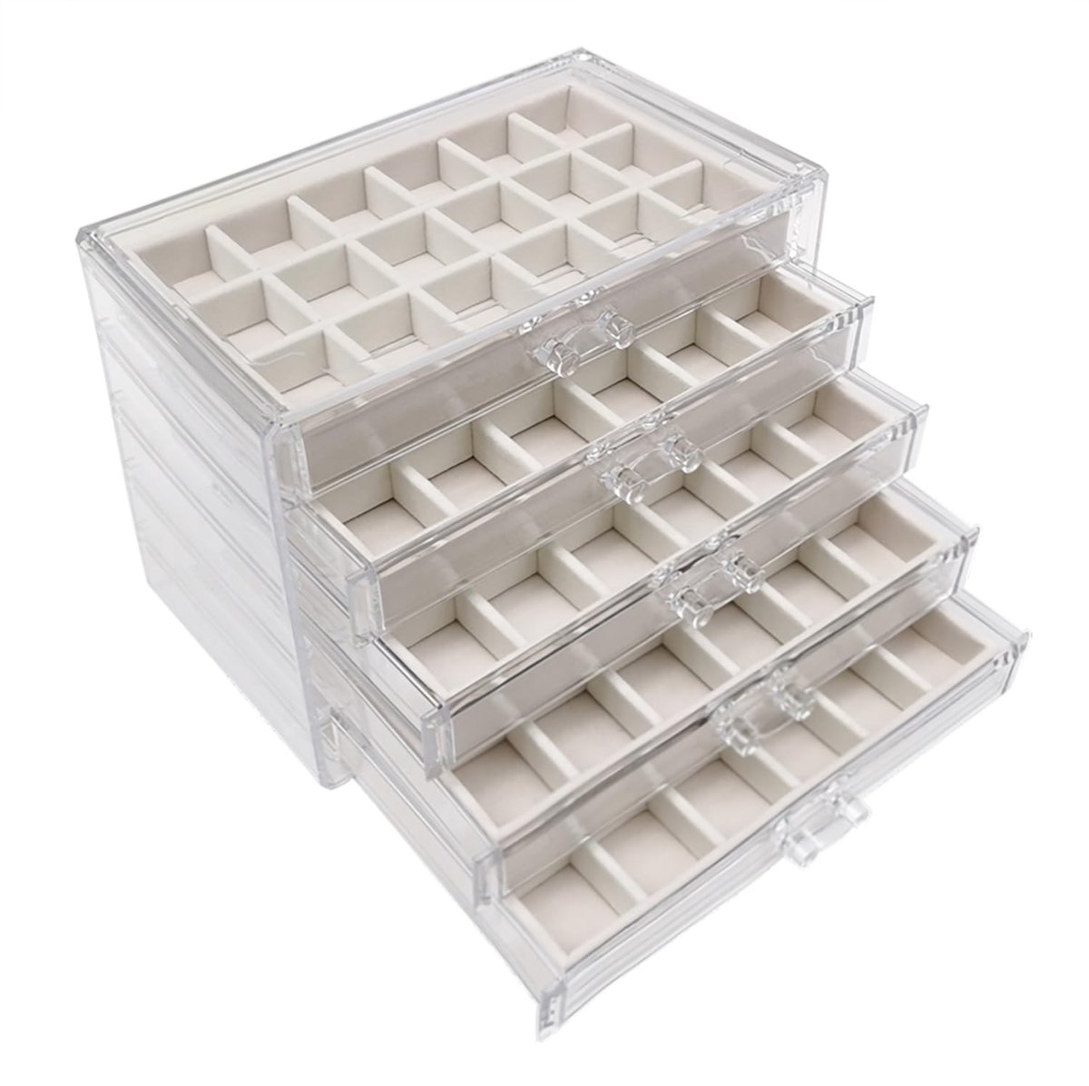 Dailygoods- Sieradendoos 5 Niveaus - Organizer voor Oorbellen - Stapelbaar Fluweel - 90 Compartimenten - Acryl Lade - Dozen voor Ringen - Sieradenopberger