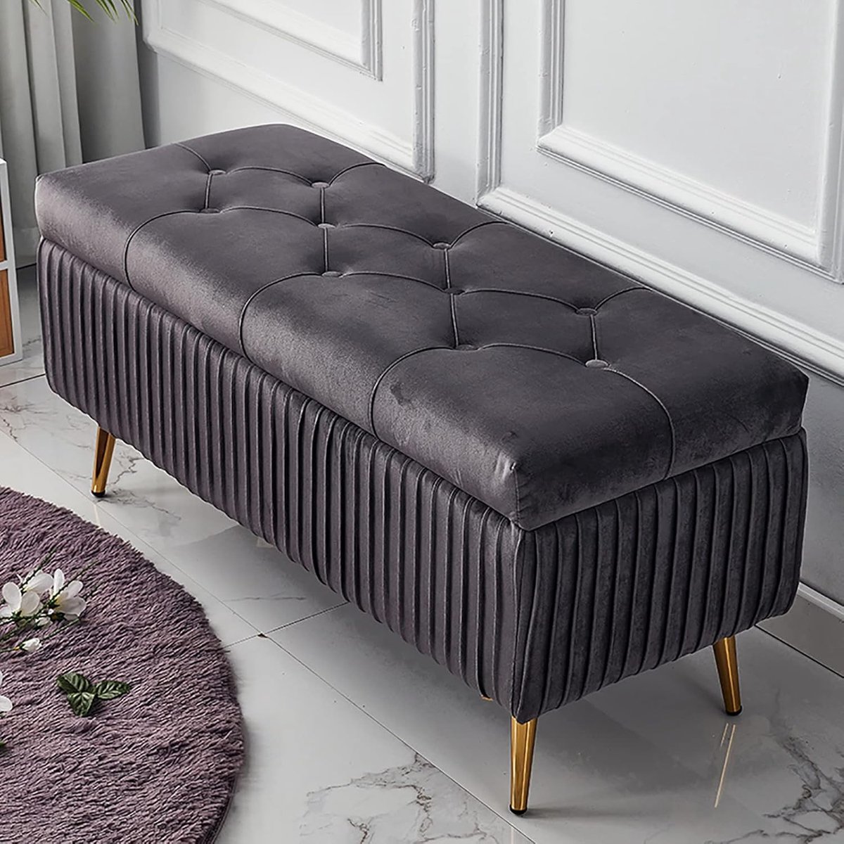 Opbergbank - Voetenbank Ottomaans - Woonkamer Decoratie - Gedetailleerd Gestoffeerd - 80x40x45cm - Grijs