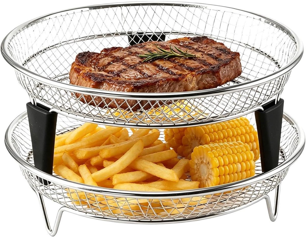 Airfryer Mand RVS Plank Dubbel Koken Stapelbaar Ontwerp 18 cm Zilver