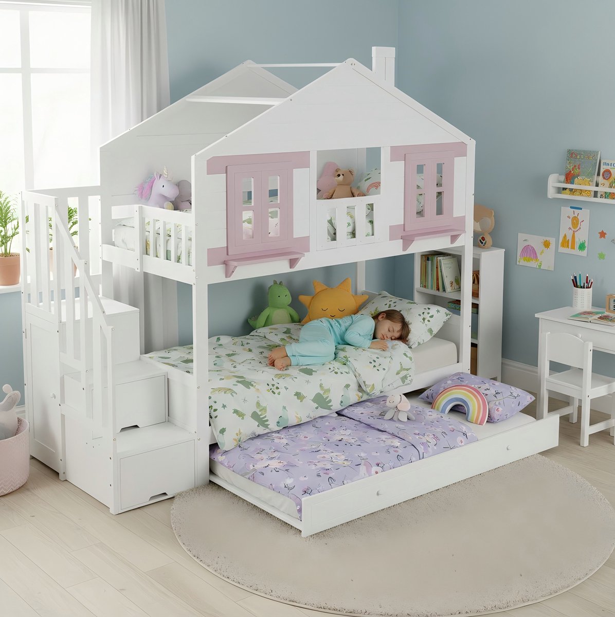 MEUNIQ stapelbed 90x200 cm met uitrolbed, trap met opbergruimte, kledinghanggedeelte, lattenbodem, huisvorm met ramen, kinderbed voor kinderkamer, wit roze