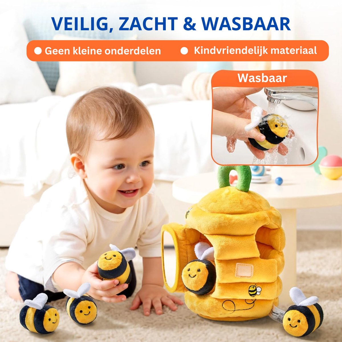 Baby Speelgoed 6-12 maanden - Sensorisch Pluche Speelgoed met Bijenkorf en 5 Bijen - Montessori Speelgoed met Dieren - Baby Cadeau met Knuffels - Educatief speelgoed - Knisperboekje Baby - Kinderspeelgoed 1-3 jaar — afbeelding 2