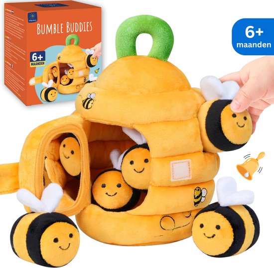Bijenkorf speelgoed met 5 bijen. Close-up van de bijenkorf die bijen vasthoudt en een rinkelende bel.