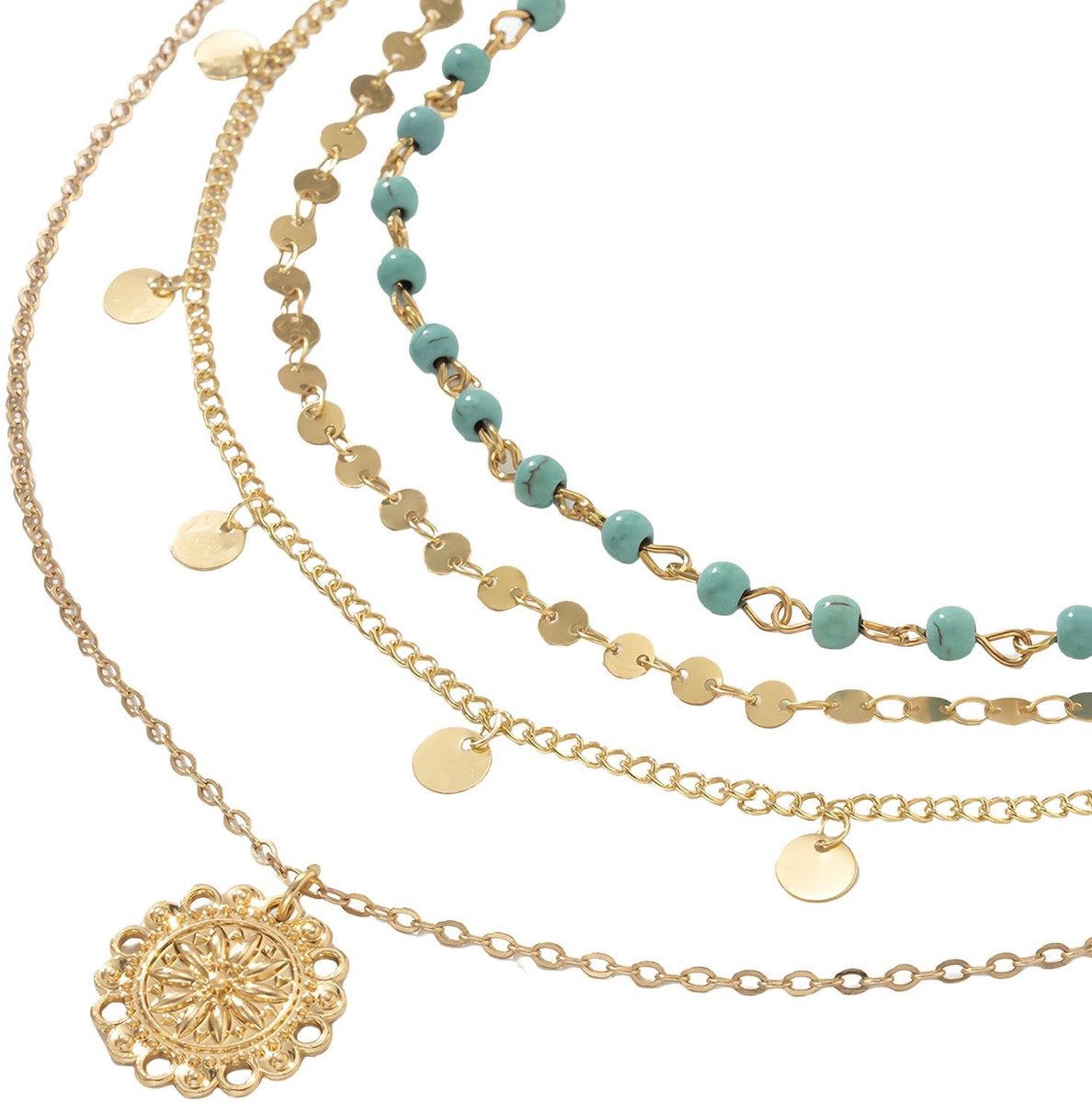 Dailygoods- Halskettingen 4 Lagen - Stapelbare Ketting - Vintage/Boheemse Stijl - Verstelbare Lengte - Duurzaam Materiaal - Goud/Groen - Kettingen