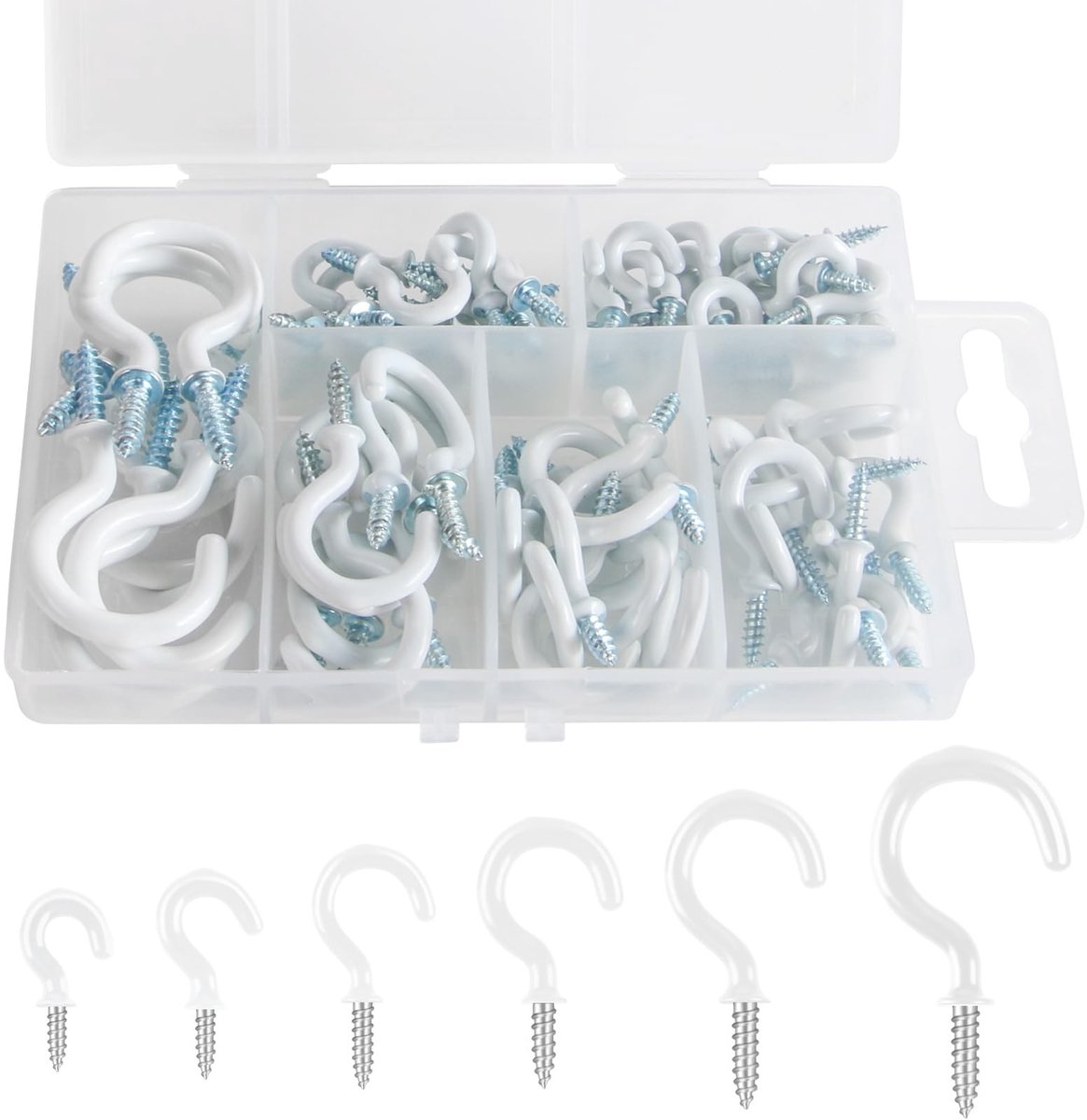 Dailygoods - 75 stuks zwarte haken voor het ophangen van plafondschroeven in haken, vinyl gecoate plafondhaken voor hangende planten, 6 maten mok bekerhaken set (wit)
