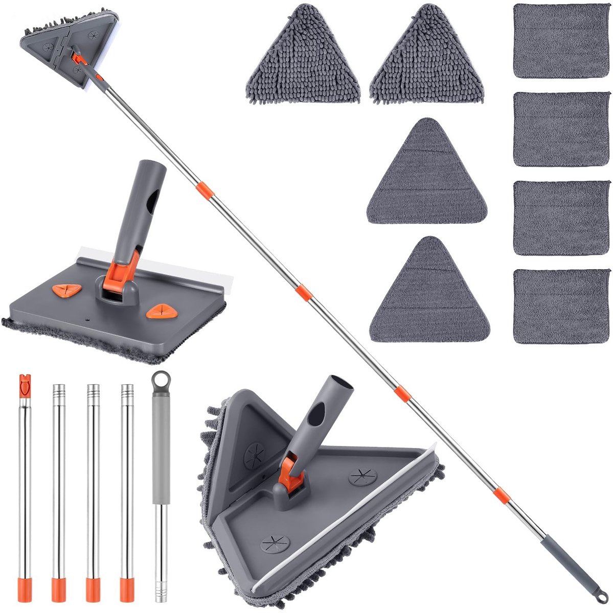 Dailygoods- Wandreiniger met lange steel 200 cm - Dweilsysteem - Dweildoeken - Dweil met rakel - Draaibare dweilkop - Voor hoeken en plinten