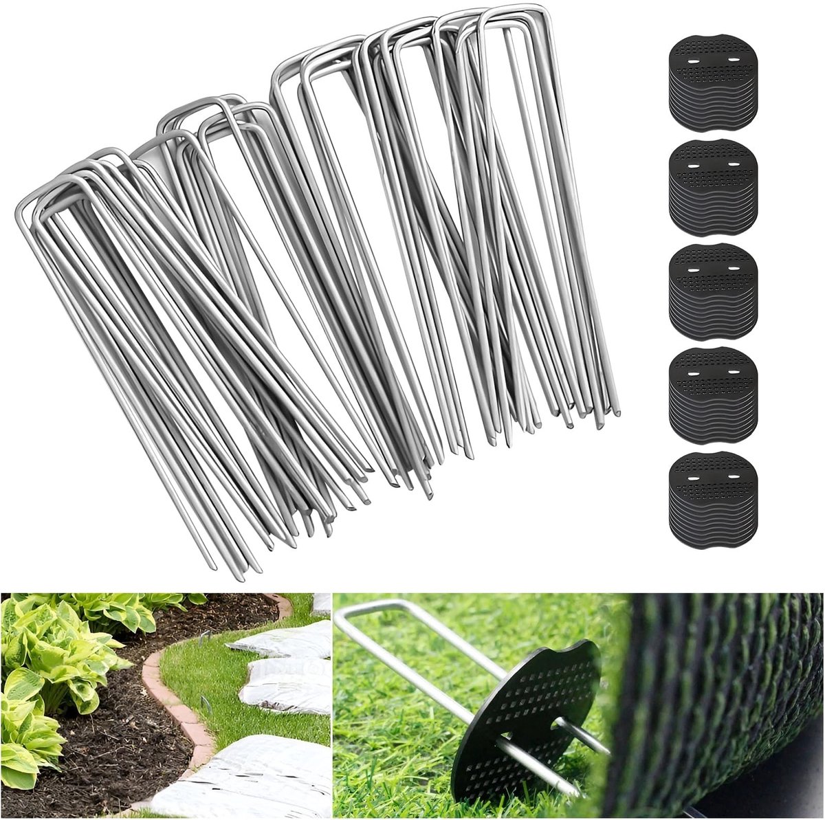Dailygoods- Kunstgrasstiften 15 cm - Tuinfoliestift - Verzinkte Pennen - Sluitringen - Onkruidbestendig - Robuust en Roestbestendig - Tuinharingen