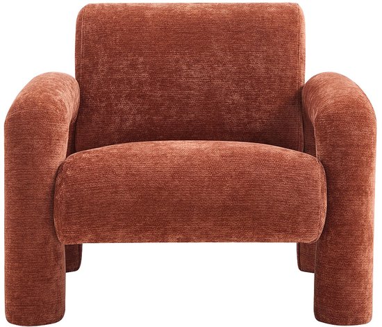 Een oranjebruine fauteuil met dikke, ronde armleuningen en poten.