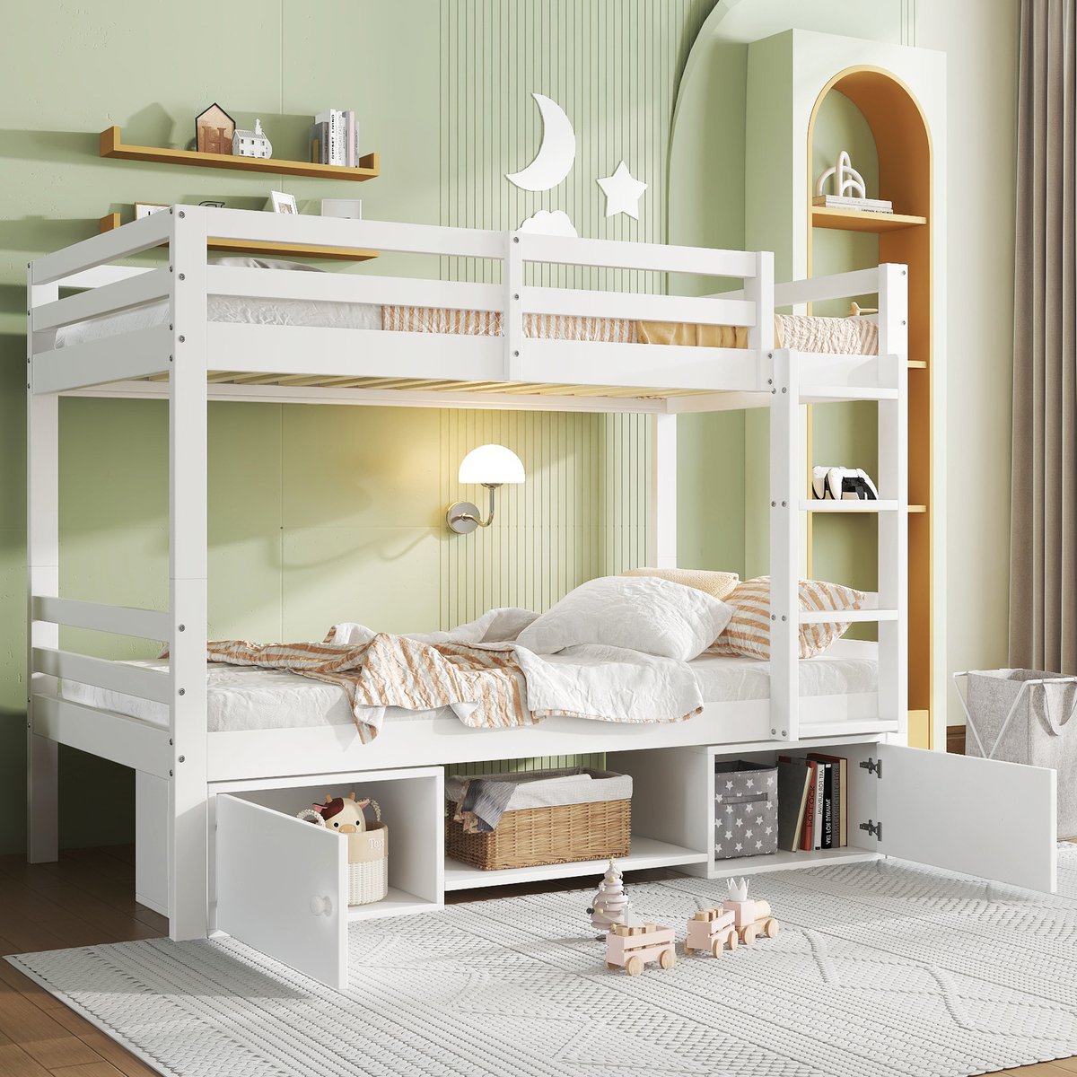 MEUNIQ stapelbed 90x200 cm wit, kinderbed in 2 eenpersoonsbedden te splitsen, met schoenenrek en opbergvakken, houten lattenbodem, voor kinderkamer