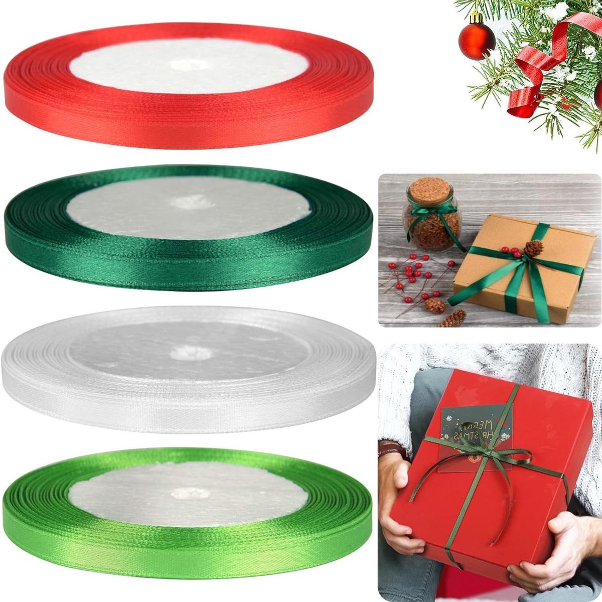 Dailygoods- Satijnen Lint Set - 4 Rollen - Cadeaulint - Decoratielint - Knutselwerk - Verjaardag/Bruiloft - Machinewasbaar (22 m x 1 cm)