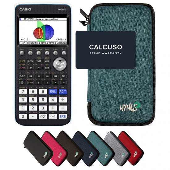 Casio fx-CG50 grafische rekenmachine, turkooizen WYNGS hoes, en zes andere gekleurde hoesjes.