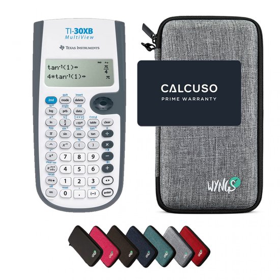 Texas Instruments TI-30XB MultiView rekenmachine en grijze beschermhoes met 'CALCUSO PRIME WARRANTY' kaart.