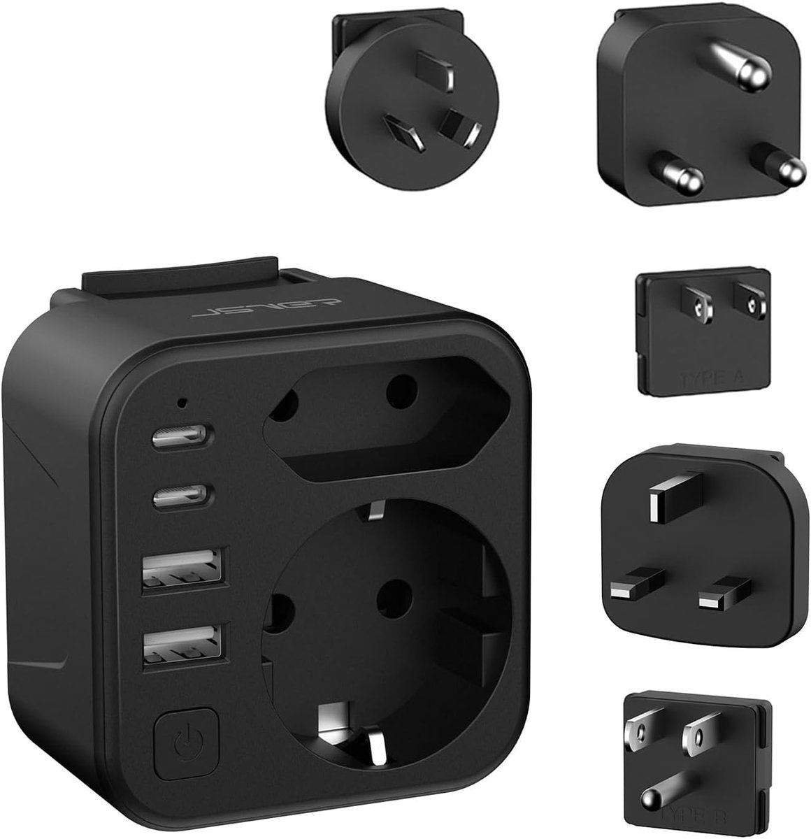 Reisadapter - Wereldstekker - Apparaten Opladen - 6-in-1 met USB-C - 7 x 6.8 x 5 cm - Zwart