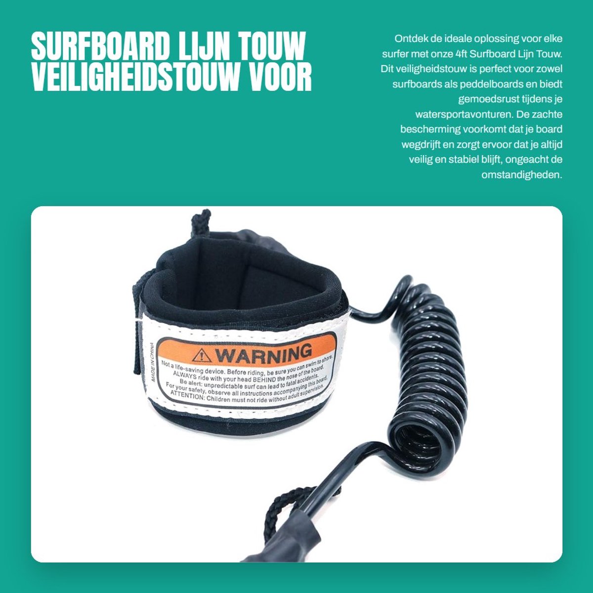 Dailygoods- Surf Lijn 4ft - Veiligheidstouw - Paddleboard Accessoire - Duurzaam TPU - Roestvrijstalen Zwenkwielen - Schokbestendig - Paddle Leash