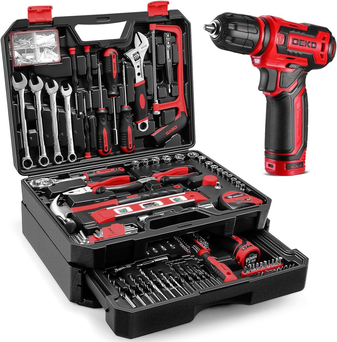 Gereedschapskit Doos - Reparatieset Handgereedschap - Huishoudelijke Reparaties - 238 Delige Set - 12V Boormachine - Rood